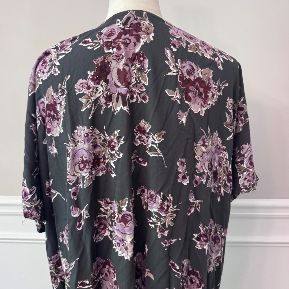 Womens Floral Open Front Kimono Wrap Purple Rose Oversized Cardigan Cover Up - Picture 8 of 12